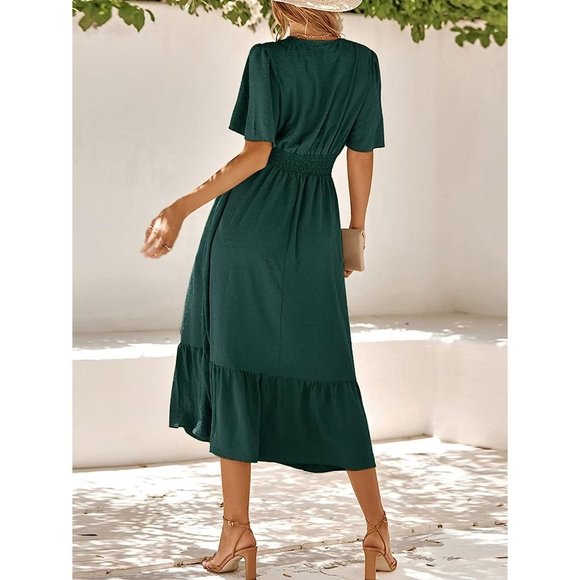 IFFEI Summer Maxi Dress V Neck Chiffon Ruffle Sleeve Swiss Dots A-Line Dress - Picture 6 of 7